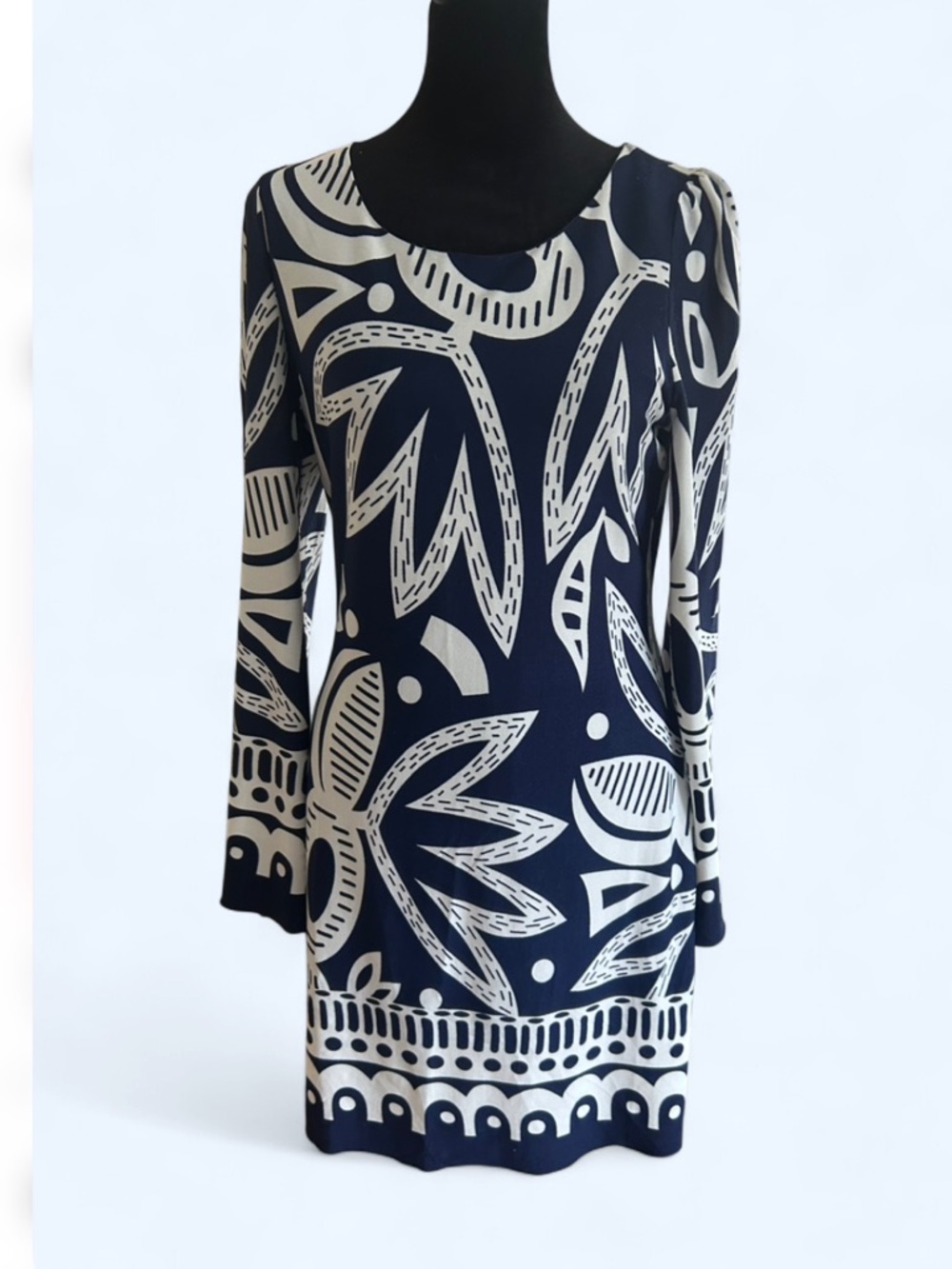 NICO LA Navy White Geometric Long Sleeve Short Shift Dress Size S Regular